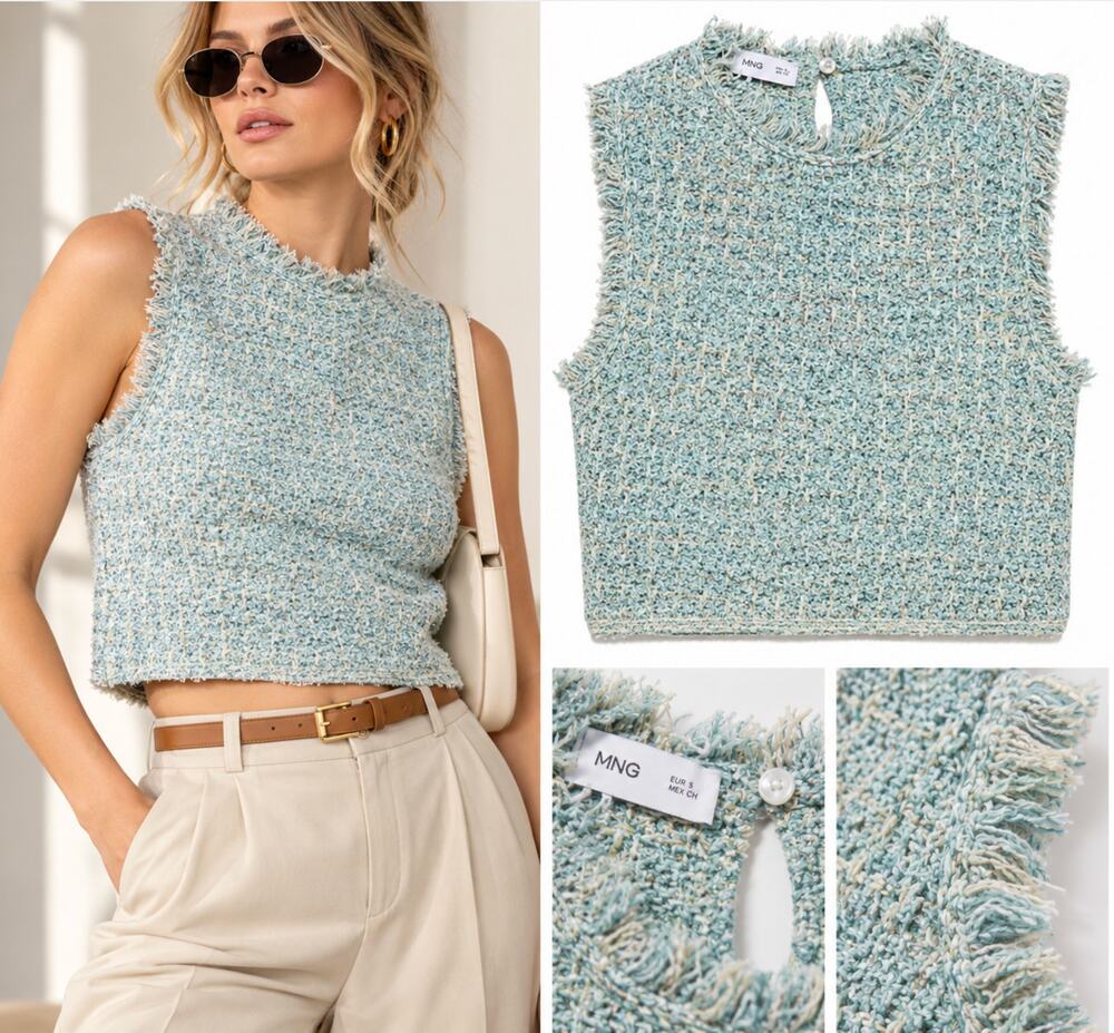 Mango Tweed Crop Top Blue Fringe Sleeveless Tank Size S NWT Quiet Luxury Office